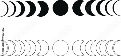 Moon phase crescent shape set collection group, lunar cycle silhouettes, waxing waning crescent, full moon circle, outline and solid icons, minimal black geometric vector illustration pack