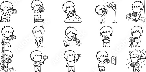 Set of faceless kids characters doing photography activities such as taking photos exploring nature and using camera suitable for creative and hobby design