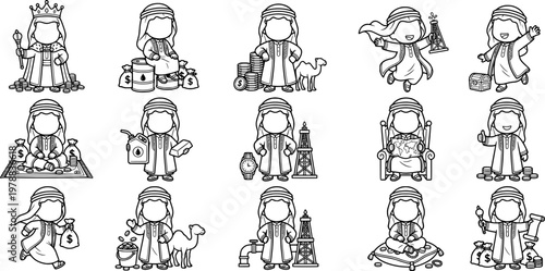 Black and white line art collection of an Arab businessman in traditional attire, featuring symbols of the oil industry, finance, wealth, and culture.