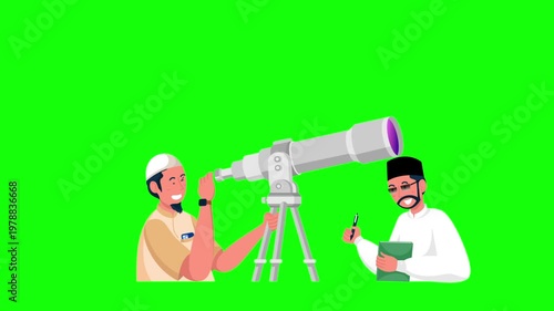 Two Men Observing Stars with Telescope During Nighttime, Eid Moon Sighting Concept on Green Screen Background