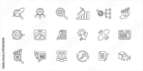 seo icon set. ranking, market research, website, keywords, content, affiliate and more. simple line vector