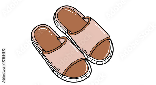 A colorful hand drawn illustration depicts a pair of modern open toed sandals