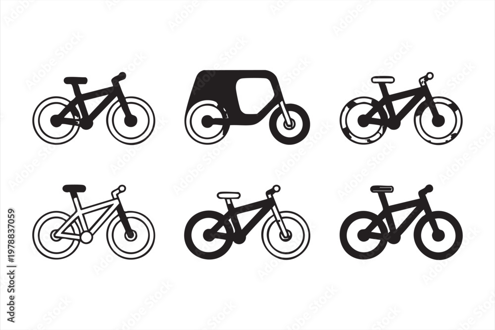 Fototapeta premium Assorted bicycle and cargo bike icons in black and white minimalist line and solid graphic styles