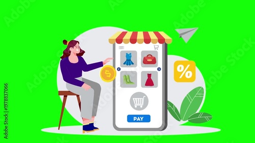 Woman Browsing Online Store on Smartphone, Mobile Shopping Experience, Digital Commerce and Purchase Interaction on Green Screen Background