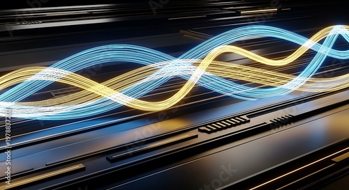 Abstract Blue and Yellow Light Waves on Dark Surface