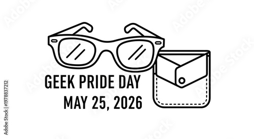 Line art design vector of geek pride day celebration with glasses and wallet isolated on background