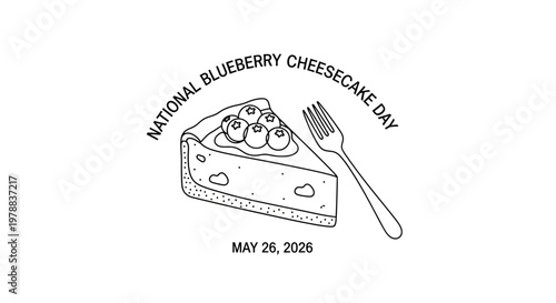 National Blueberry Cheesecake Day illustration with slice of cheesecake and fork isolated on background