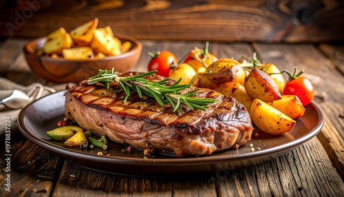 Delicious Grilled Steak with Roasted Potatoes and Fresh Rosemary.