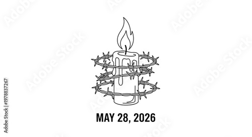 line art design of candle with barbed wire and flame isolated on background