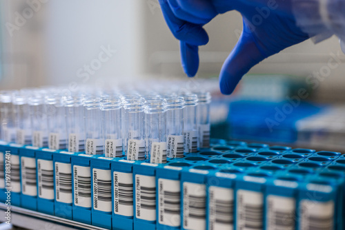 Wallpaper Mural Closeup Hand Selecting Labeled Tube From Rack, Focused View On Careful Grip, Barcode Labels, Gloved Fingers, Torontodigital.ca