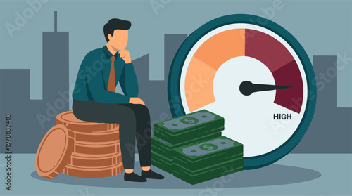 Businessman with money and high indicator gauge reflecting financial status