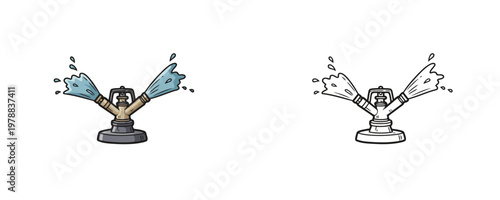 Illustrations of a rotating garden sprinkler in flat blue and gold colors and a black line art style spraying water jets used for lawn irrigation and automatic yard watering