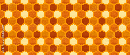 Seamless honeycomb hexagon pattern with grunge texture. Warm orange and beige beehive background.
