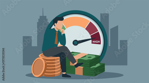Businessman evaluating high financial performance with money and gauge