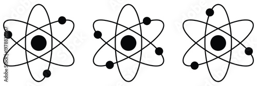 Atom icon set, atomic structure symbols collection for science education and laboratory research, nuclear energy themed graphic design
