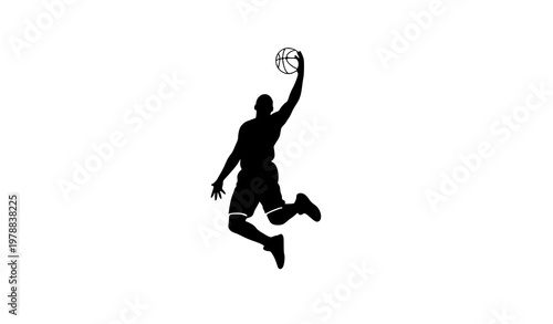 Black and White Basketball Dunk Player Silhouette Vector with Dynamic Sports Pose