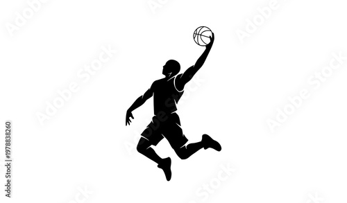 Dynamic Basketball Player Dunking Ball Black Silhouette Vector Sports Illustration