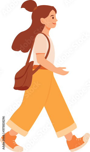 A flat vector illustration of a young woman walking in side view with a shoulder bag, wearing casual clothes.