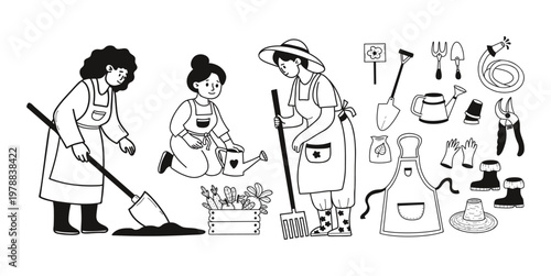 Gardening Women and Tools Doodle Set. Farmers Planting, Watering, and Digging with Garden Equipment. Isolated Black Hand Drawn. Vector illustration. 