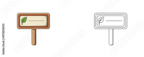Fotografi Illustrations of a wooden garden plant marker in flat brown and green colors and