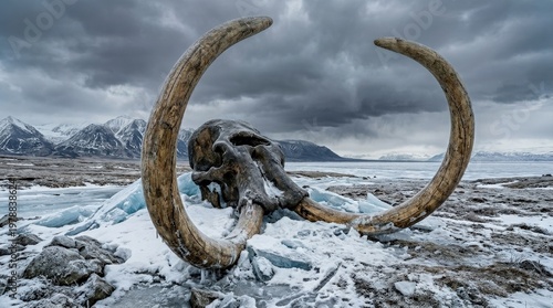 Fényképezés A massive woolly mammoth skull with dramatically curving ivory tusks partially e