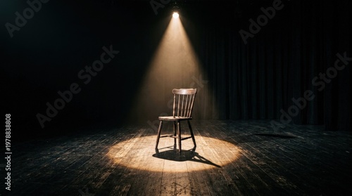 фотографія A lone wooden chair sitting center stage under a single blazing spotlight in an