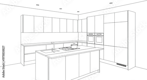 A minimalist wireframe rendering showcases a modern kitchen design with an island and built in cabinetry