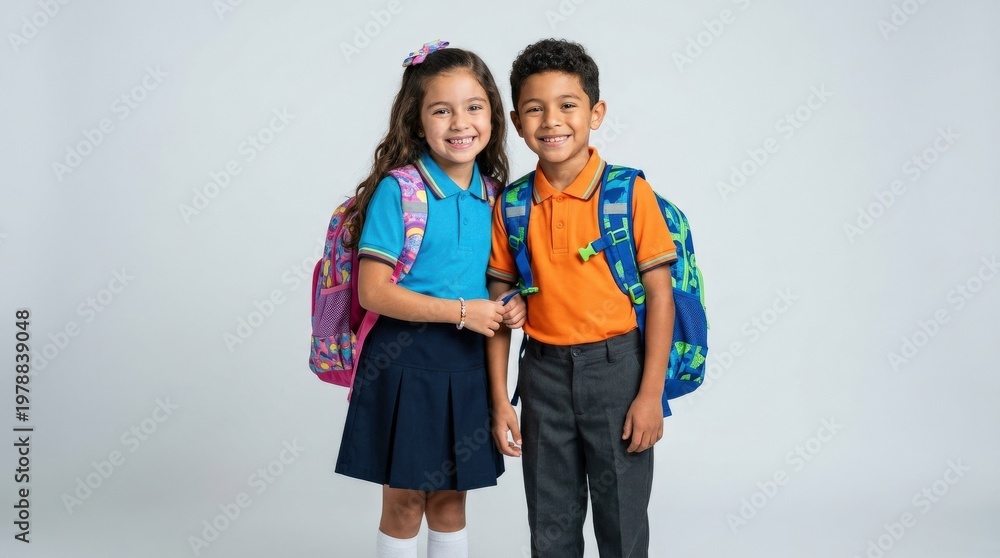Fototapeta premium Happy diverse elementary school children with backpacks ready for the first day of school