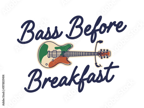 Bass guitar illustration is shown with text above and below on white background.