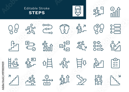 Steps. Set of outline icons. Ladder, shoe print, footprint, walk, run, stp over, stepping, upstairs, downstairs, stairs and more. Line icon in linear style. Vector collection	