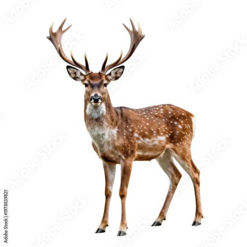 Majestic fallow deer standing tall with impressive antlers on white background