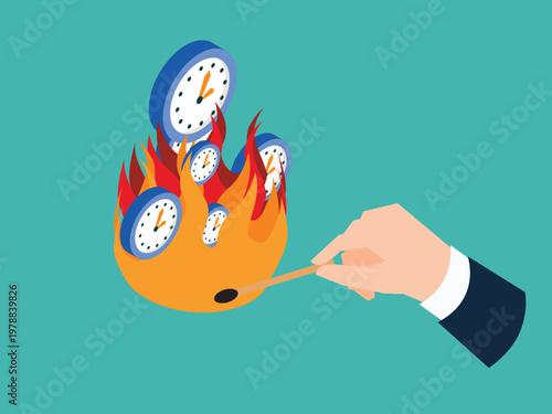 Hand Lighting Clocks on Fire with a Match Representing Time Pressure and Deadlines 3d isometric vector illustration