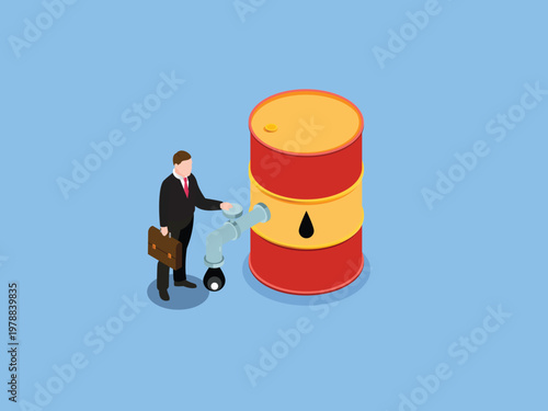 Businessman Controlling Oil Flow from Industrial Barrel 3d isometric vector illustration