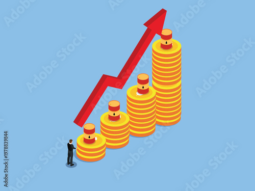 Business Growth: Rising Oil Prices and Energy Market Inflation with Stacked Coins and Fuel Barrels 3d isometric vector illustration