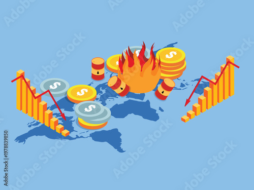 Global Economic Crisis Concept with Oil Barrels, Falling Financial Charts, Coins and Fire on World Map 3d isometric vector illustration