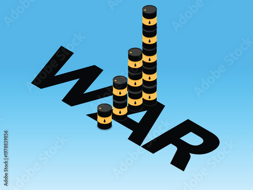 Global Conflict and Oil Price Surge Concept: Stacks of Oil Barrels Forming a Rising Graph on the Word WAR 3d isometric vector illustration