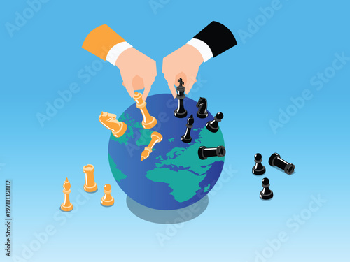 Global Geopolitics Concept with Hands Playing Chess on Earth Globe 3d isometric vector illustration