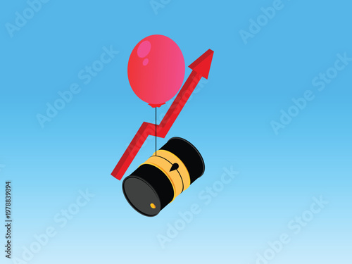 Rising Oil Prices Concept with Oil Barrel, Red Balloon, and Upward Growth Arrow 3d isometric vector illustration