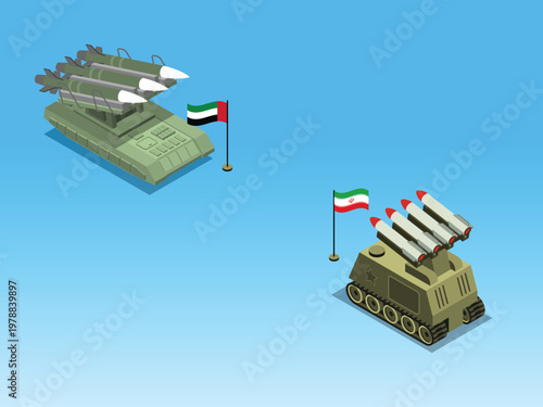 Isometric Military Missile Defense Systems Representing UAE and Iran Conflict 3d isometric vector illustration
