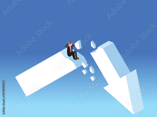 Businessman Sitting on Broken Upward Arrow Symbolizing Economic Crisis and Failure 3d isometric vector illustration