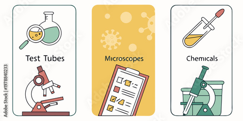 A vector graphic illustration of laboratory equipment and scientific tools for research and testing
