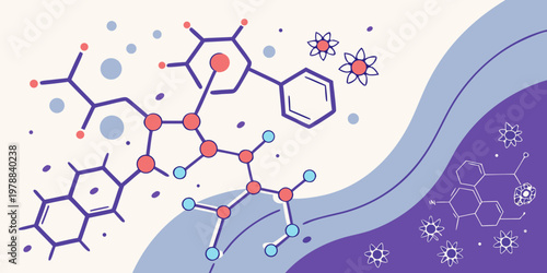 A colorful vector graphic illustration of a molecular structure with atoms and bonds