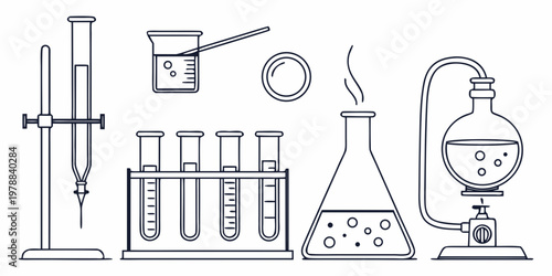 A set of laboratory equipment including beakers and test tubes in a vector graphic illustration