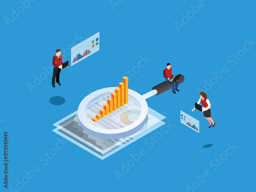 Business Data Analysis and Financial Research Concept with Magnifying Glass and Graphs 3d isometric vector illustration