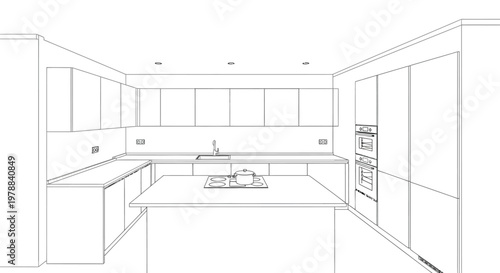 A minimalist kitchen design rendered in a clean white line drawing style showcasing modern cabinetry