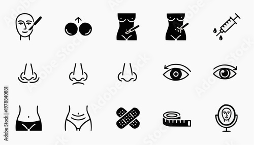 Cosmetic surgery icon set, showcasing various procedures for face and body enhancement