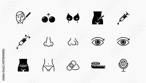 Cosmetic surgery icons illustrating a range of procedures 