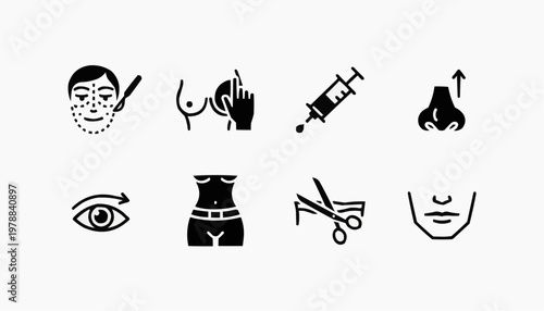 A collection of illustrative icons depicting various cosmetic surgery procedures. The image features a set of black icons on a transparent background, showcasing different body enhancements. 
