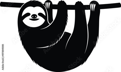 Black and white silhouette vector illustration of a sloth hanging from a branch