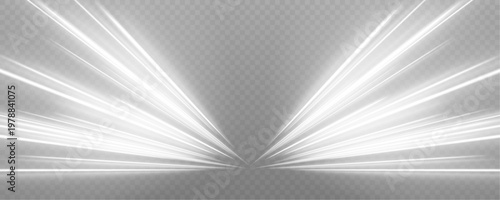 Bright white light trails rush forward across a deep urban background, forming a continuous flow of motion. Long exposure style enhances realism. A futuristic city speed concept.